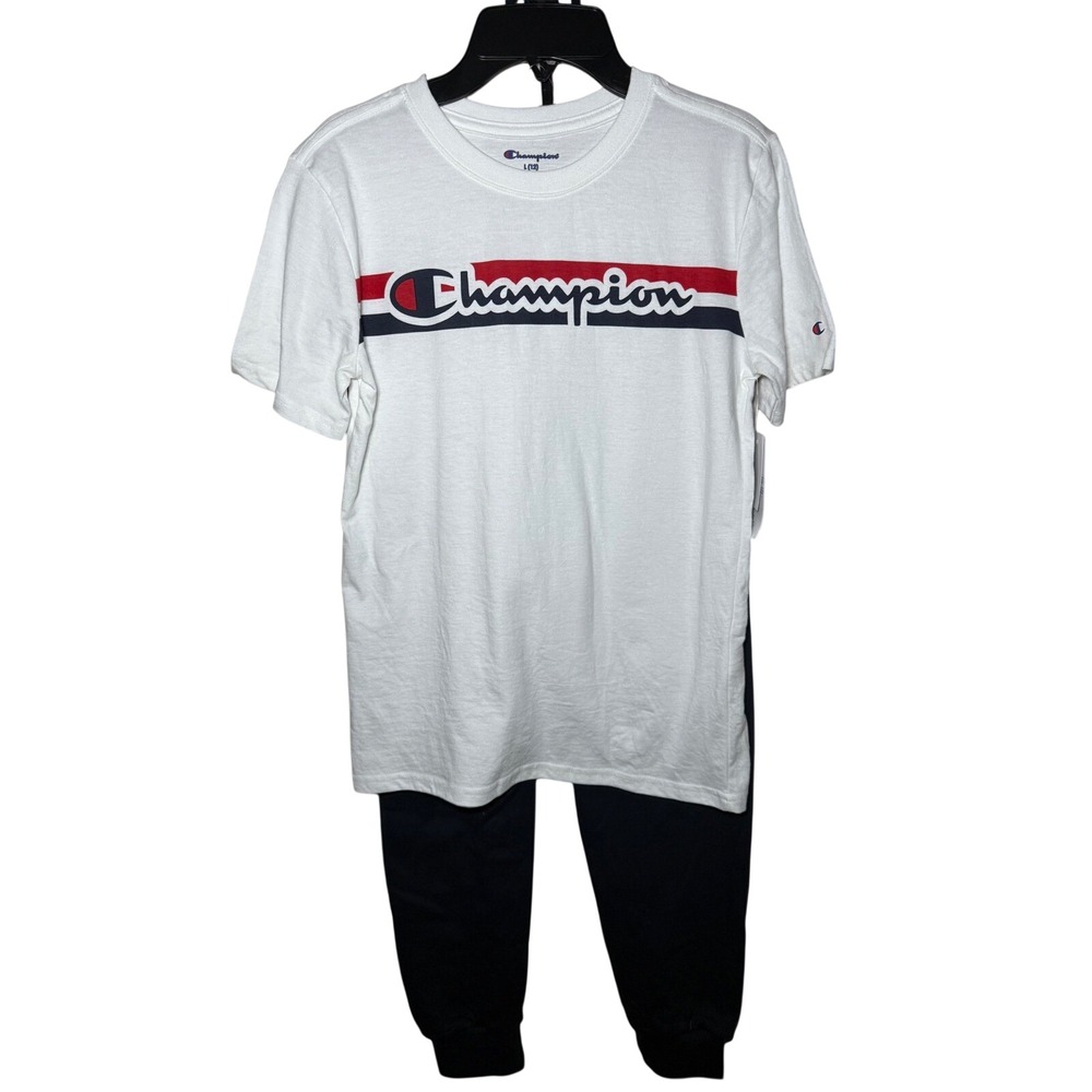 Champion Boys 2pc Set White T-Shirt Navy Blue Joggers Size Large(12) NWT